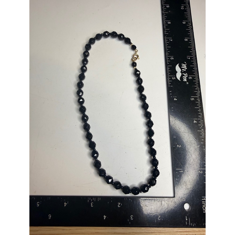 Vintage Black Faceted Bead Necklace Gold Tone Spring Ring Clasp 17 Inch